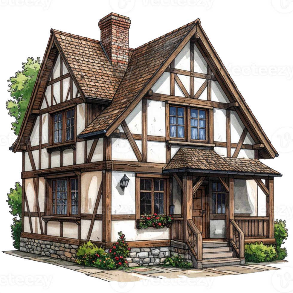 Charming White Timber Frame Cottage Illustration png