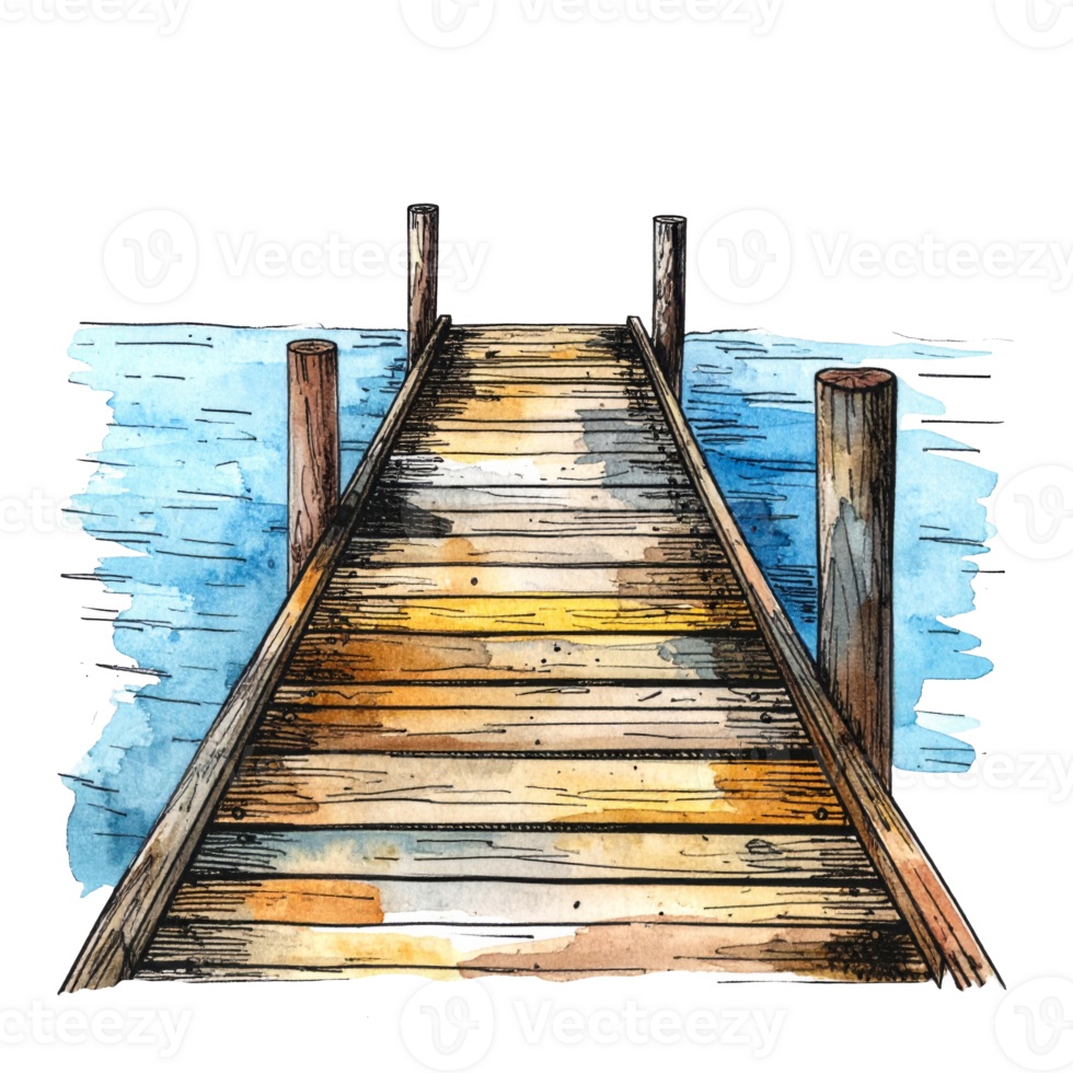 Illustration Rustic Wooden Dock Over Calm Blue Water png