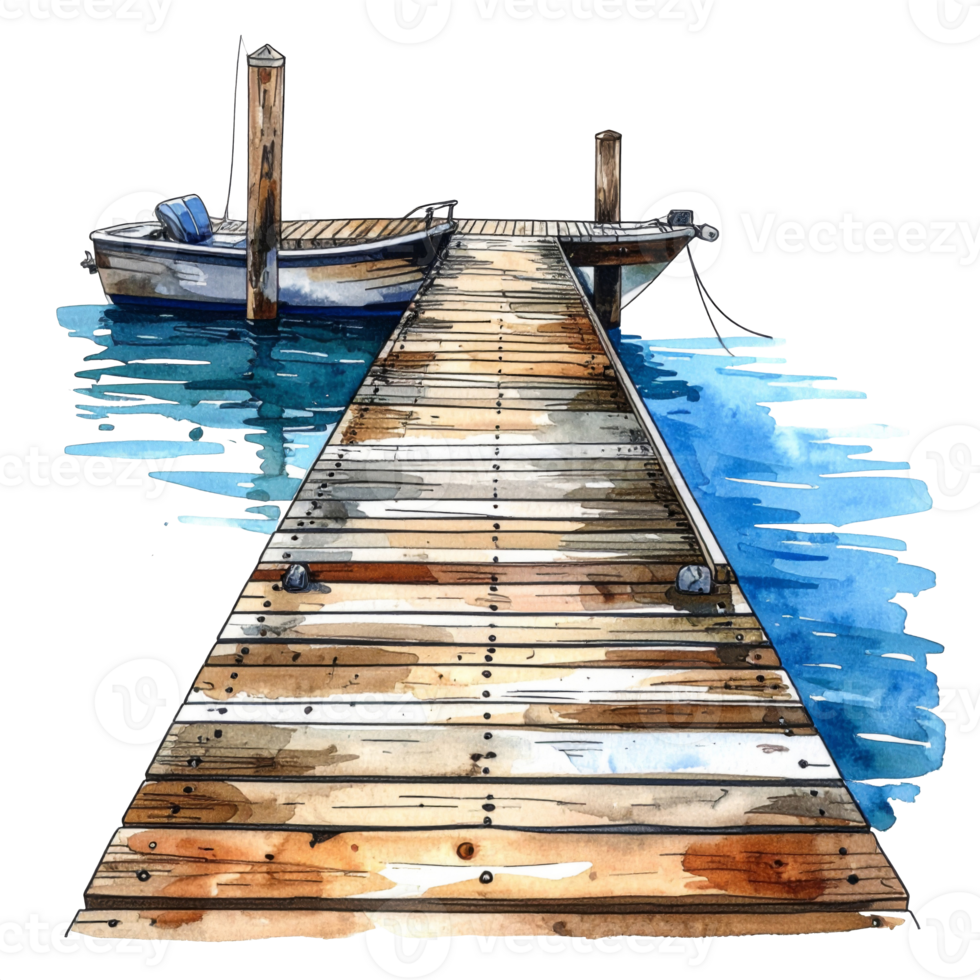 Wooden Dock Extending to a Small Boat on Calm Water png