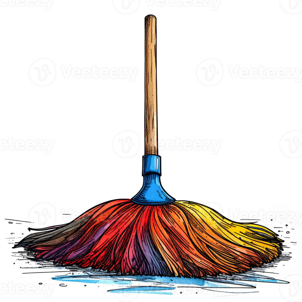 Colorful Broom with Wooden Handle on Transparent Background png