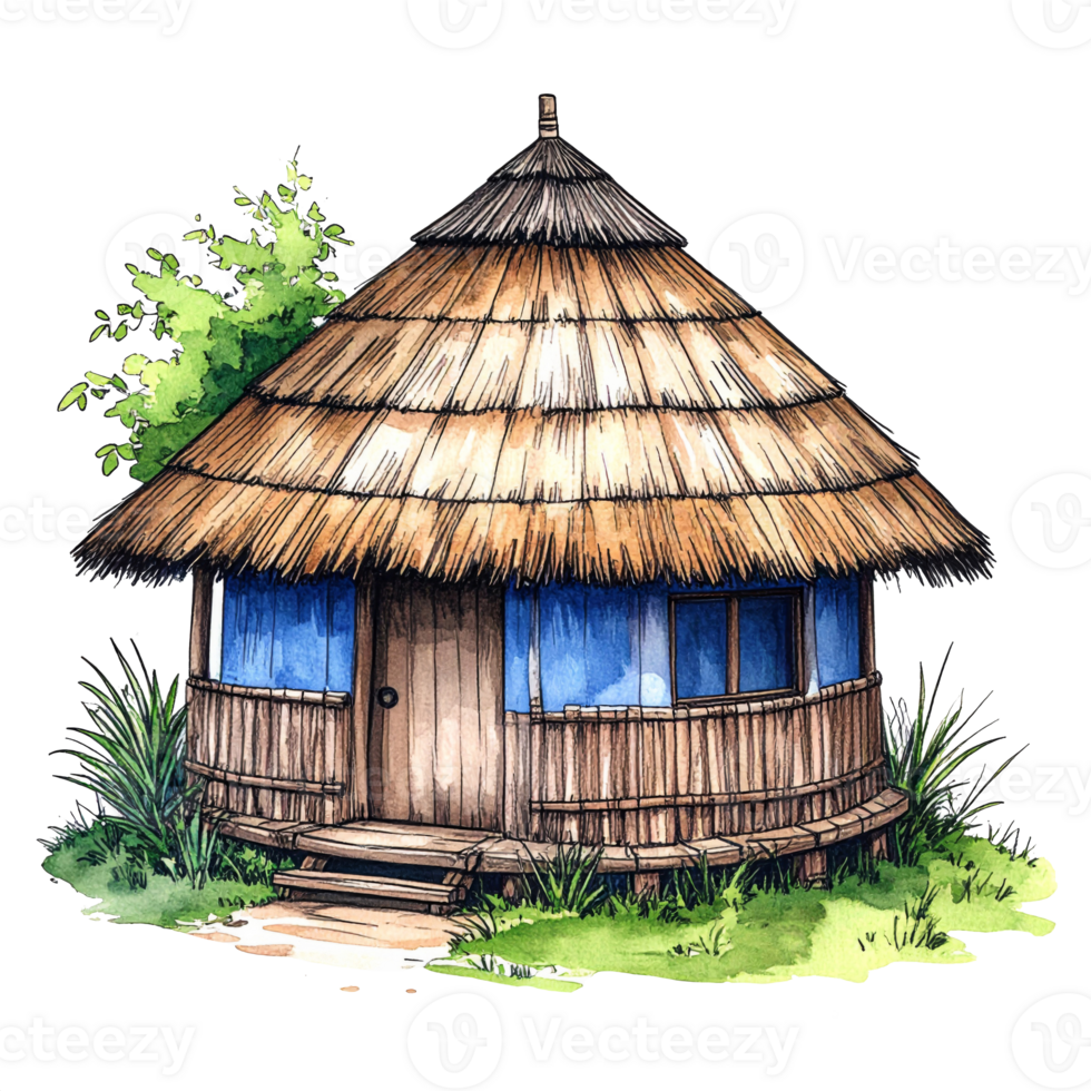 Round Thatched Hut with Blue Walls and Bamboo Details png