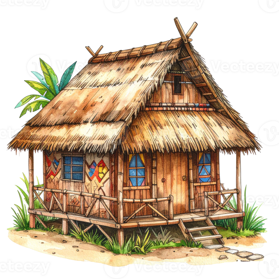 Thatched Roof Tropical Hut with Wooden Walls png