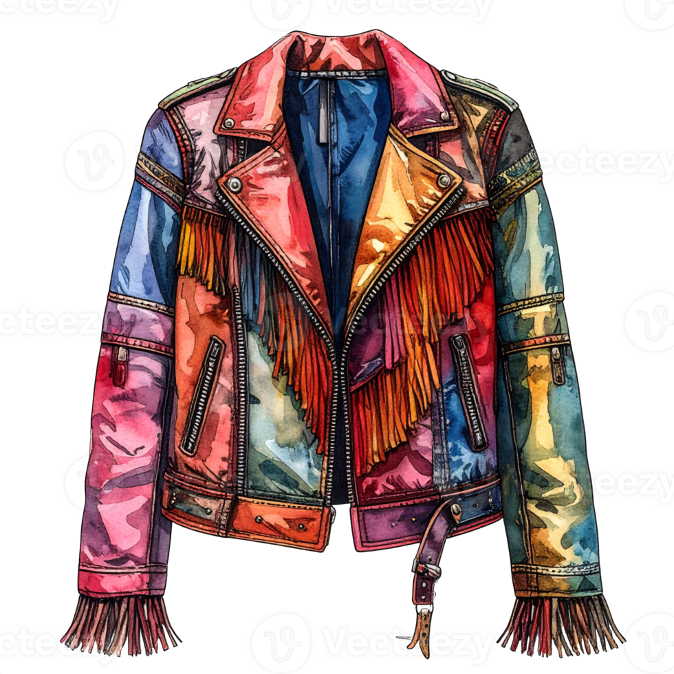 Colorful Patchwork Leather Jacket with Fringe Detail png