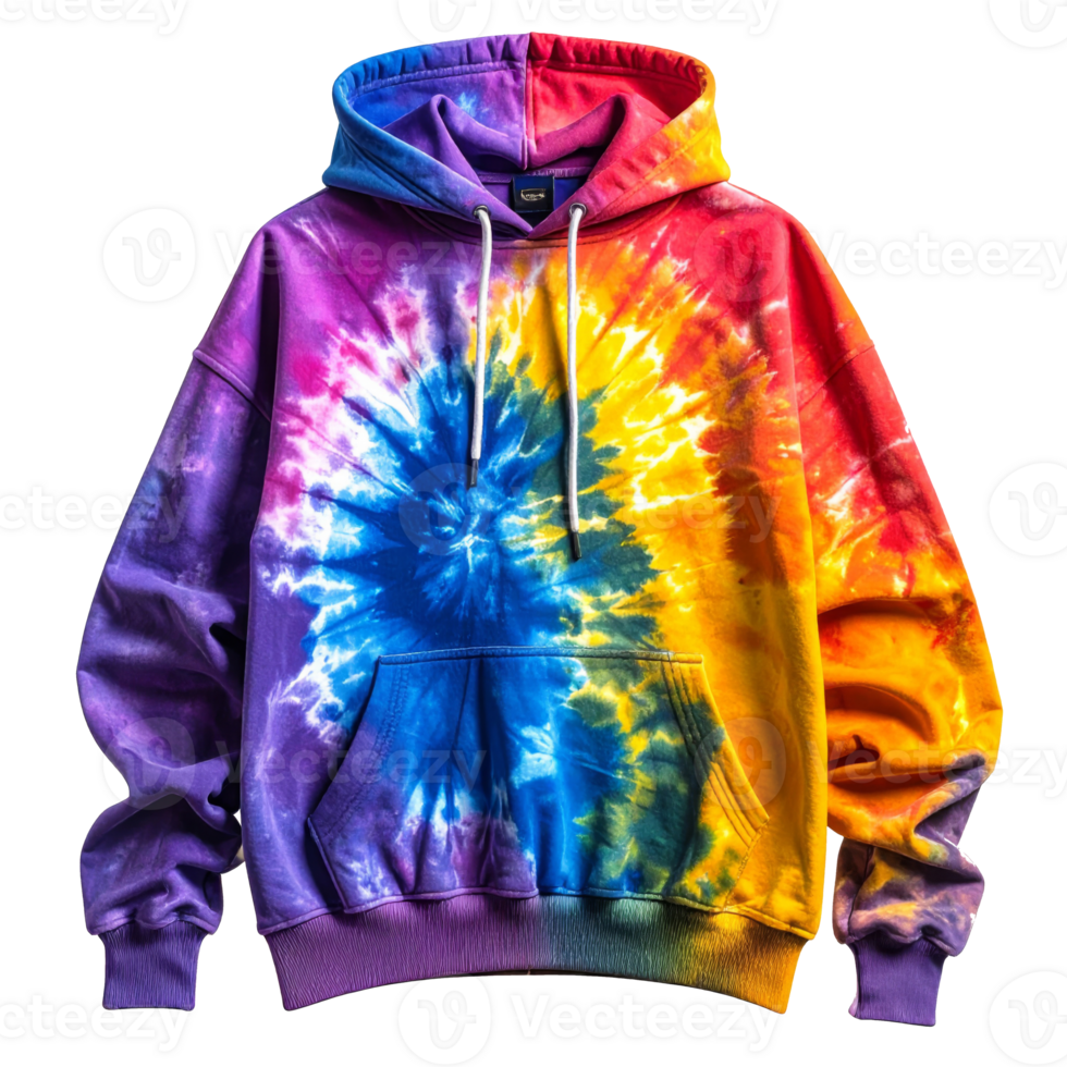 Colorful Tie-Dye Hoodie with Rainbow Spiral Pattern png