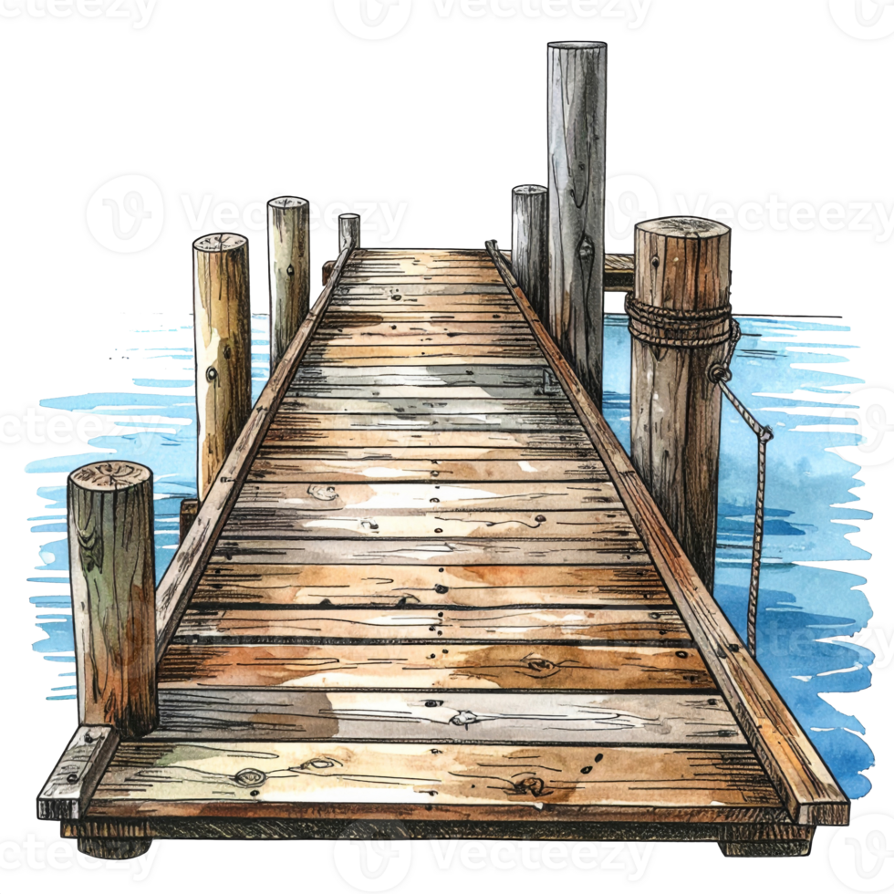 Rustic Wooden Dock Over Blue Water Illustration png