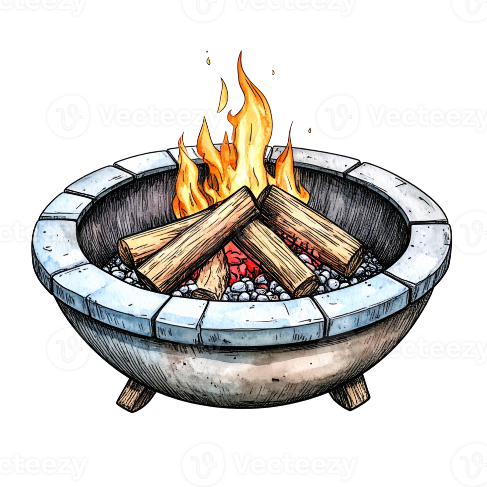 Round Stone Fire Pit with Burning Wood Logs png