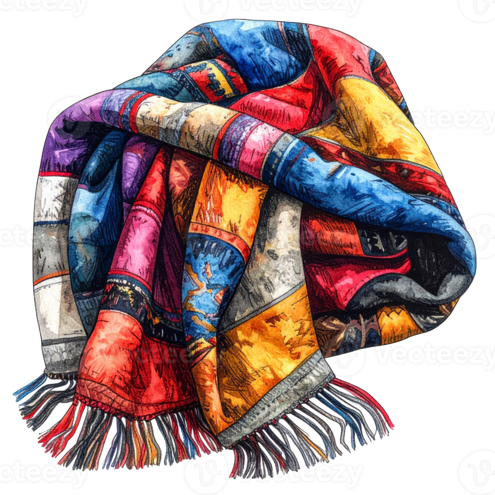 Colorful Patchwork Shawl with Fringes png