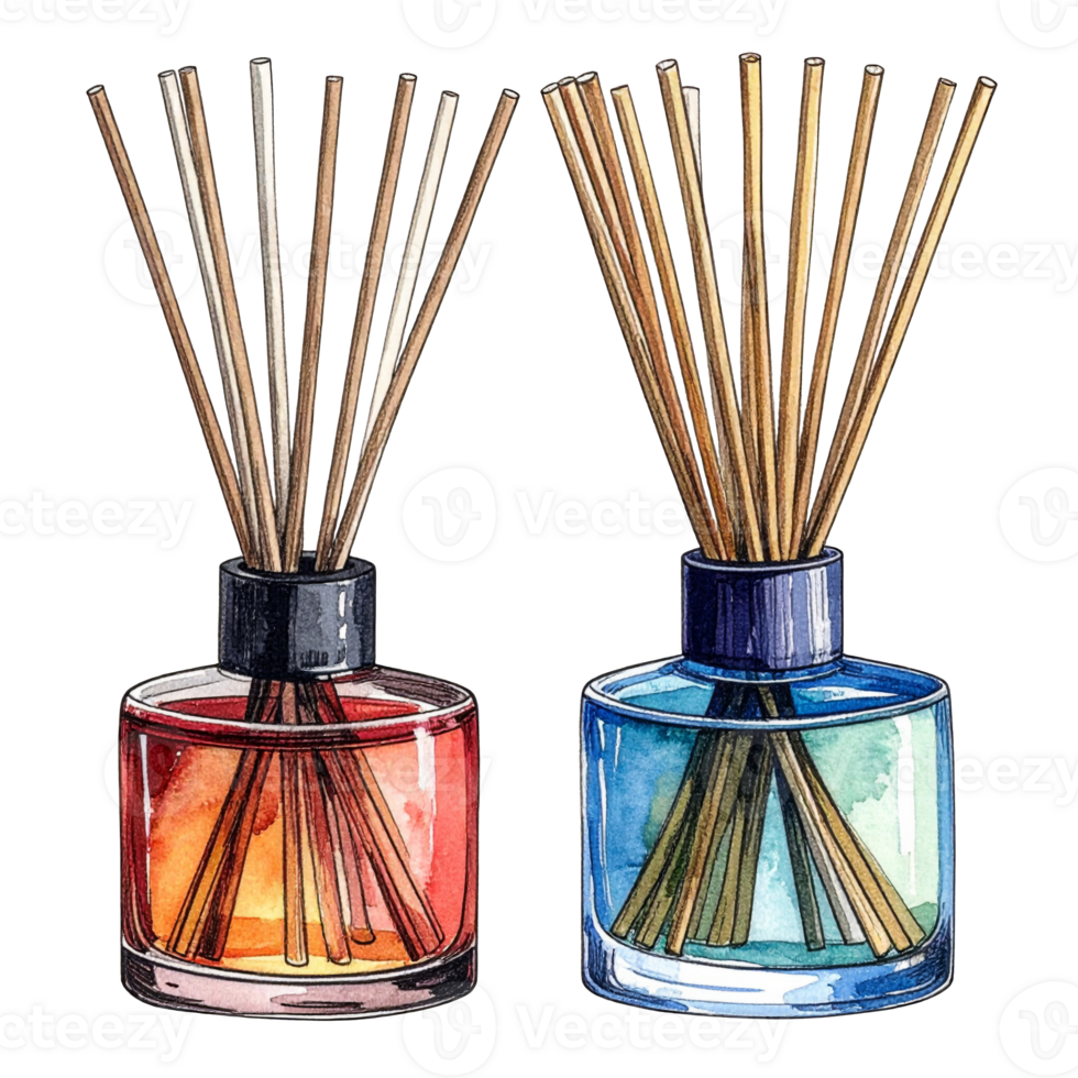 Two Watercolor Reed Diffusers with Red and Blue Liquid png
