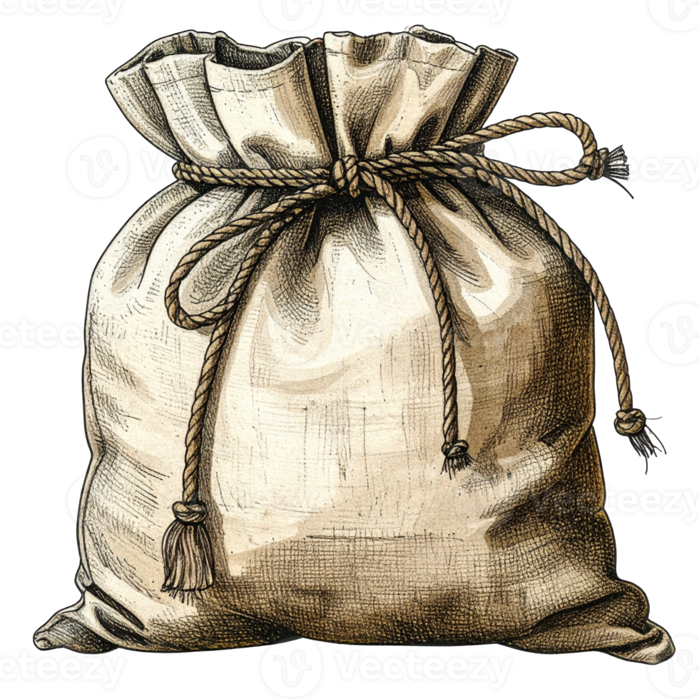 Beige Burlap Sack Tied with Rope on Transparent Background png