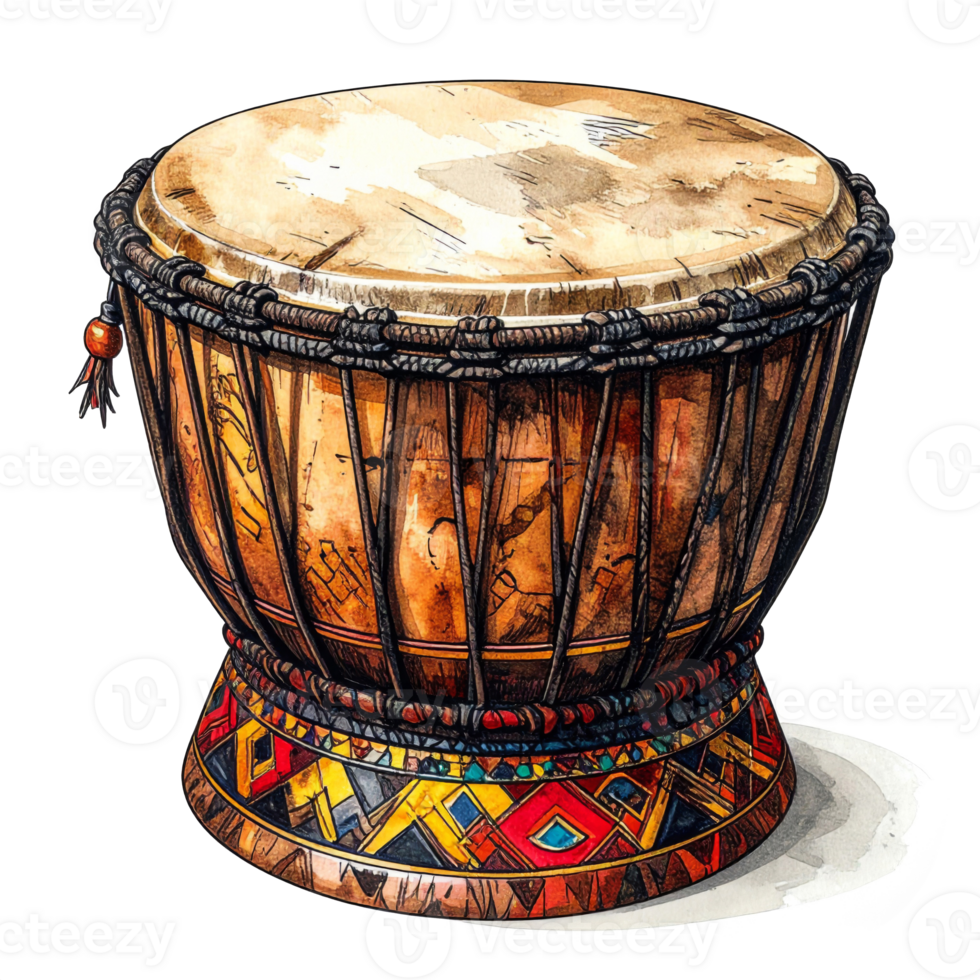 Watercolor Painting of an African Drum with Vibrant Pattern png