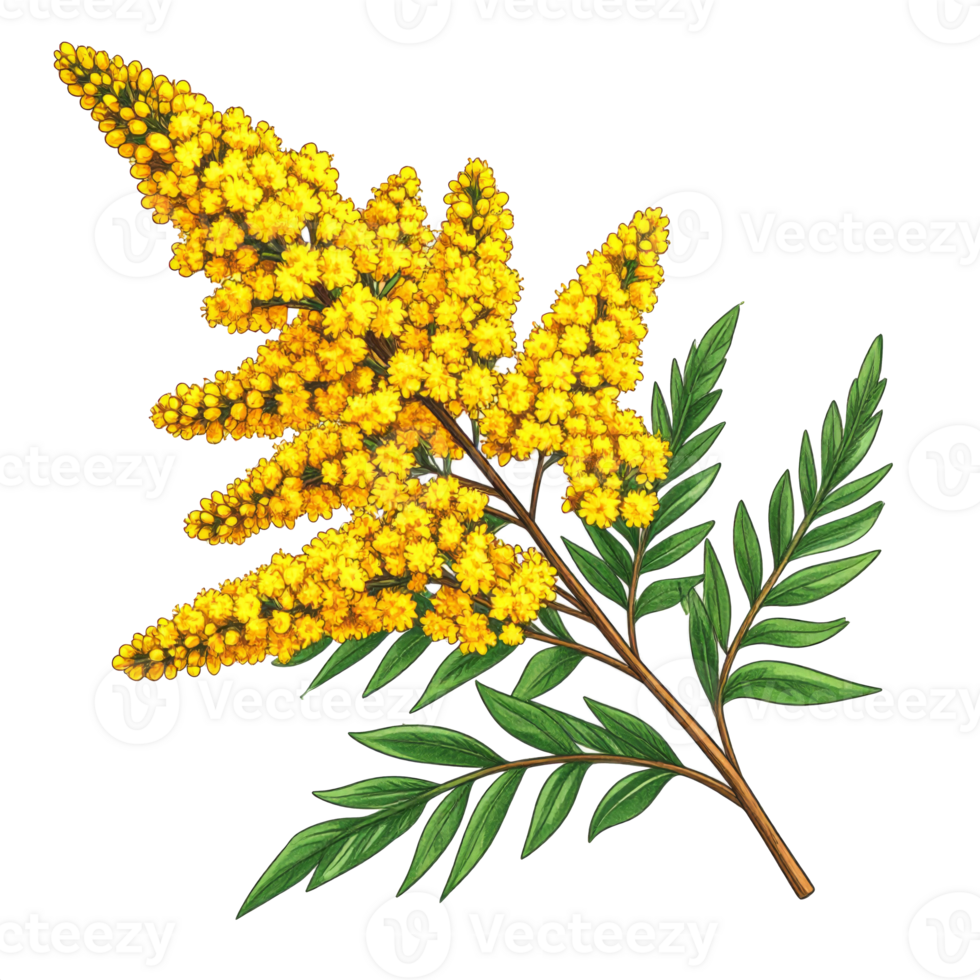 Bright Yellow Flower Branch Illustration with Green Leaves png
