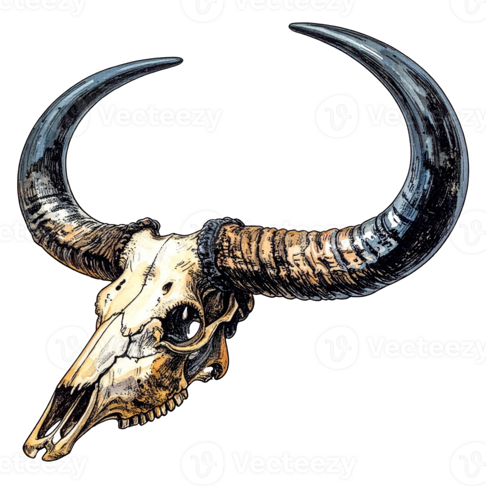 Detailed Bull Skull with Large Horns on Transparent Background png
