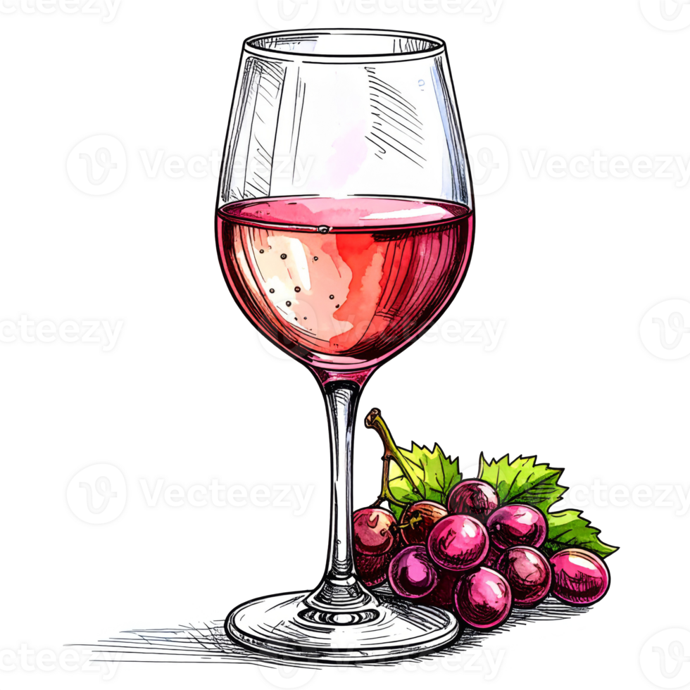 Detailed Pink Ros Wine in Glass with Grapes Illustration png