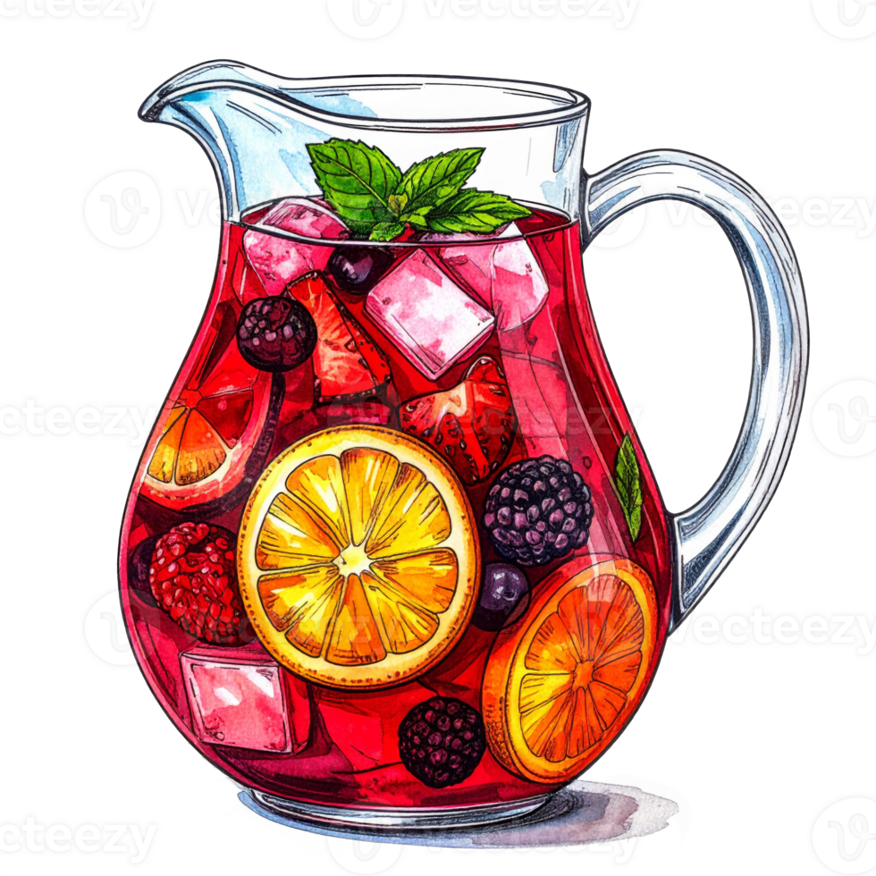 Detailed Refreshing Red Fruit Sangria in Glass Pitcher png