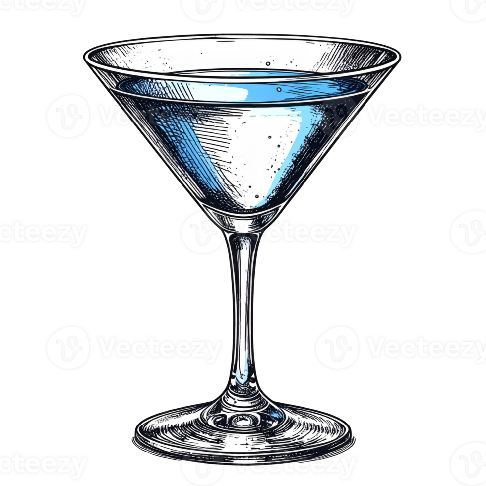 Blue Martini Cocktail in Glass, Vintage Illustration png
