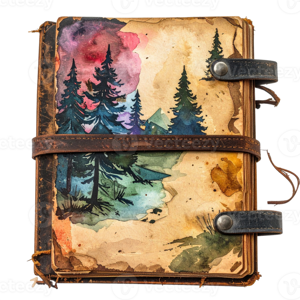 Vintage Leather Journal with Watercolor Landscape png