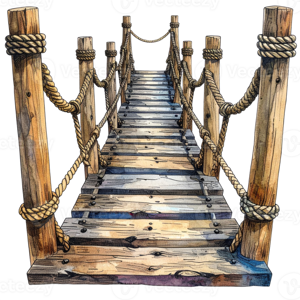 Rustic Wooden Bridge with Rope Railings on Transparent Background png