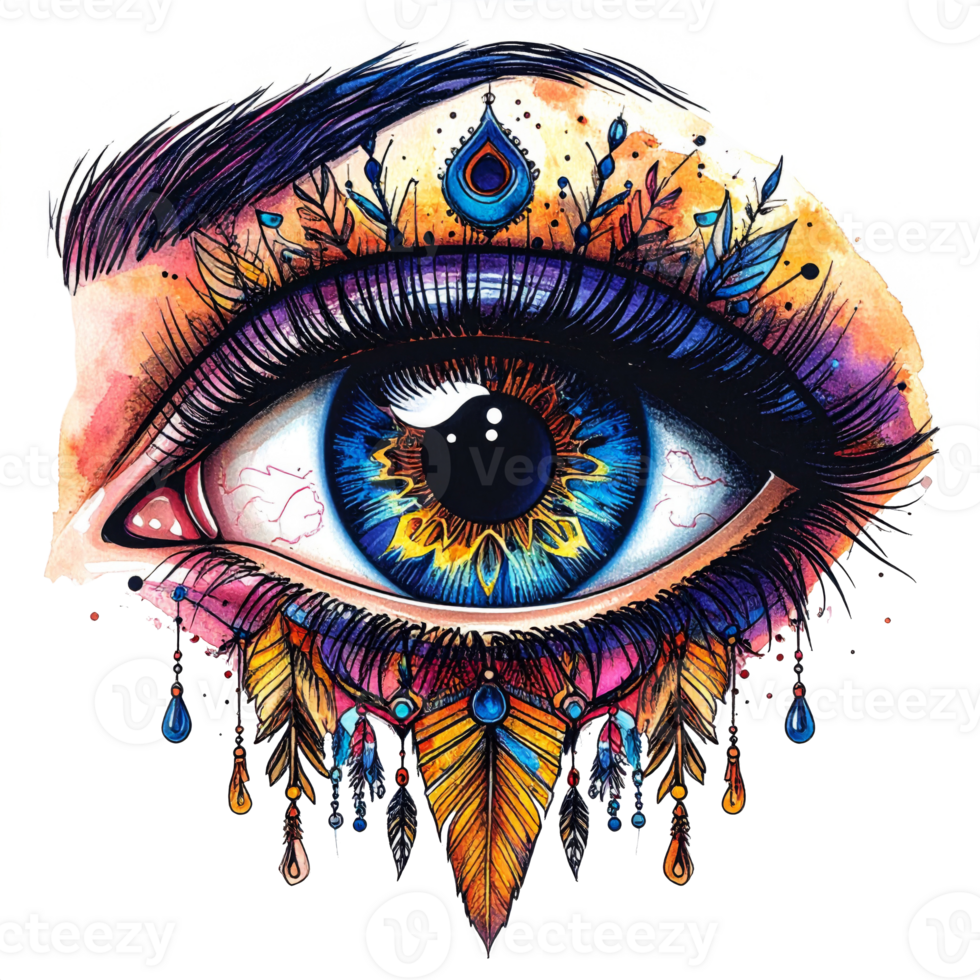 Watercolor Eye Illustration with Vibrant Feathers and Gems png