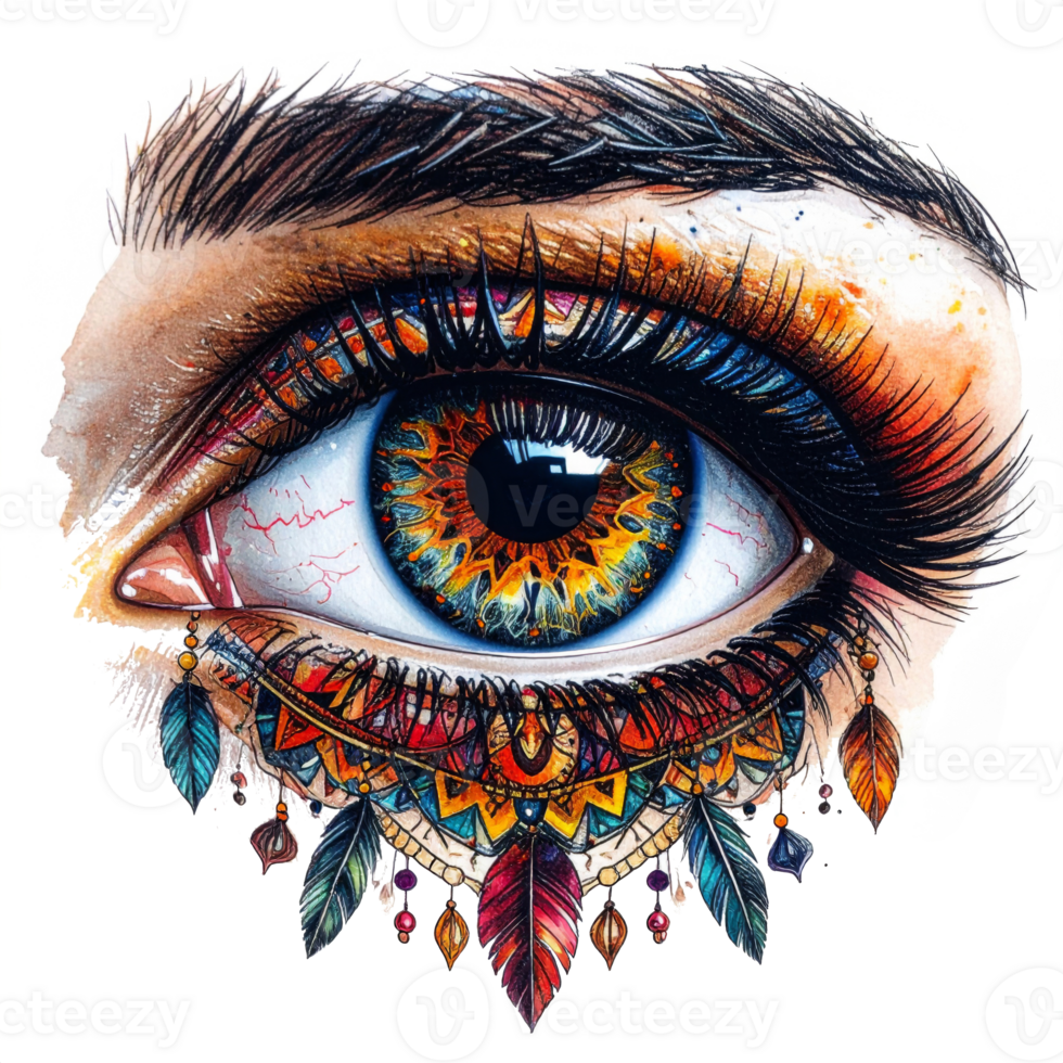 Colorful Closeup of a Woman's Eye with Ornate Feathers png