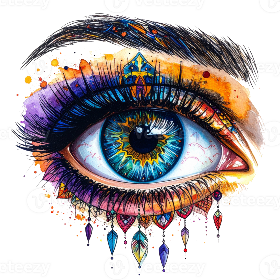 Vibrant Watercolor Eye Painting with Ornate Design png