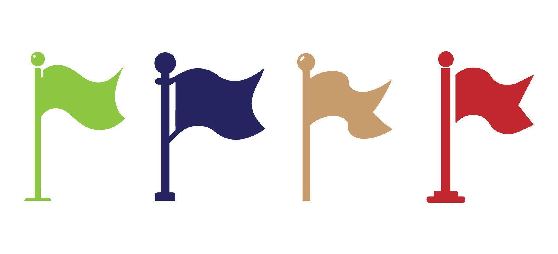 Colorful Flag Icon Set Featuring Green Blue Brown and Red Waving Flags on Poles for Marking, Signal, Decoration, and Navigation Concepts vector