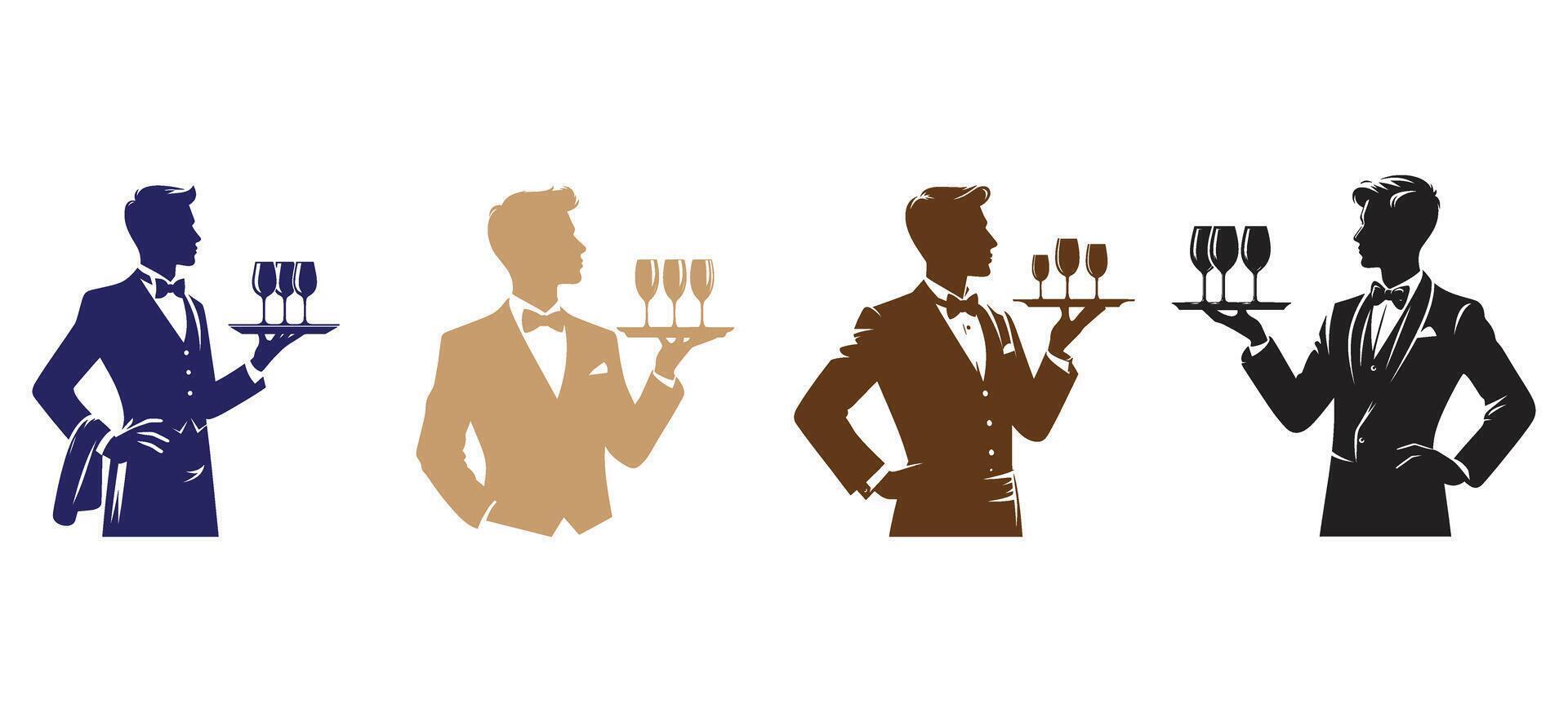 Professional Waiter Bartender Silhouette Collection Service Staff Hospitality Restaurant Workers Serving Tray Male Character Set vector