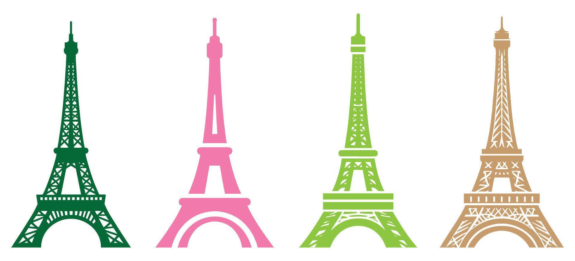 Colorful Eiffel Tower Icon Set with Green Pink Brown and Lime Paris Landmark Silhouettes for Travel Art Decoration and Design Use vector