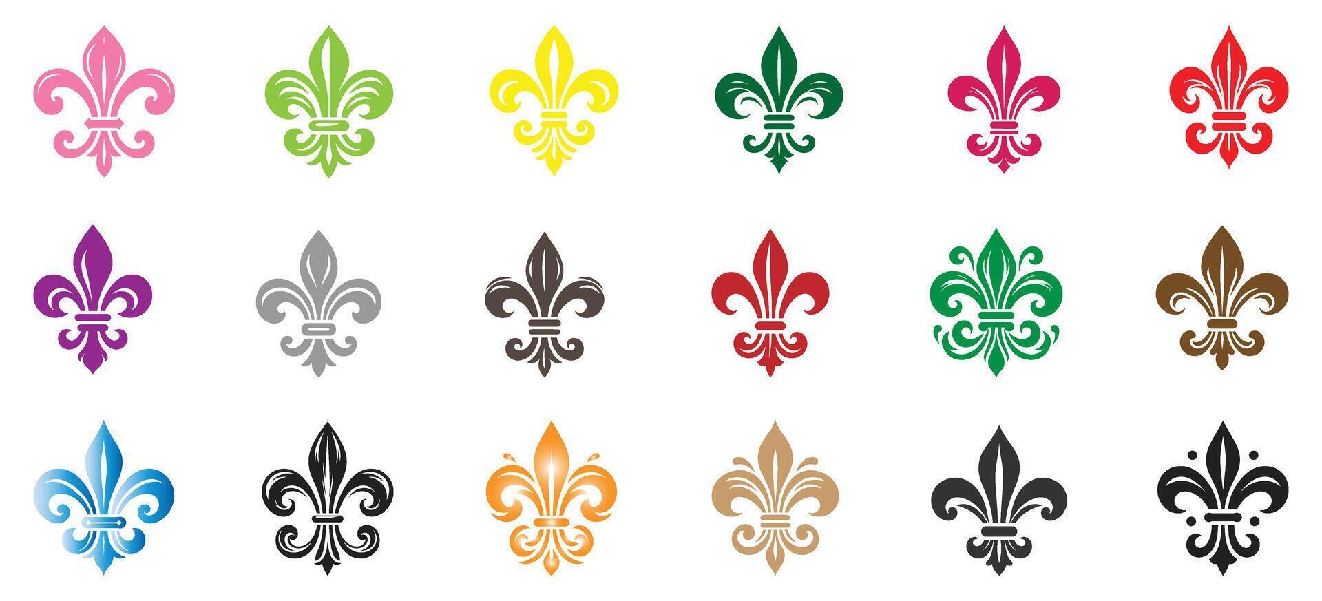 Colorful Fleur De Lis Icons Collection in Decorative Heraldic Style for Royal Emblem Design, Logo Elements, and Elegant Ornament Patterns vector