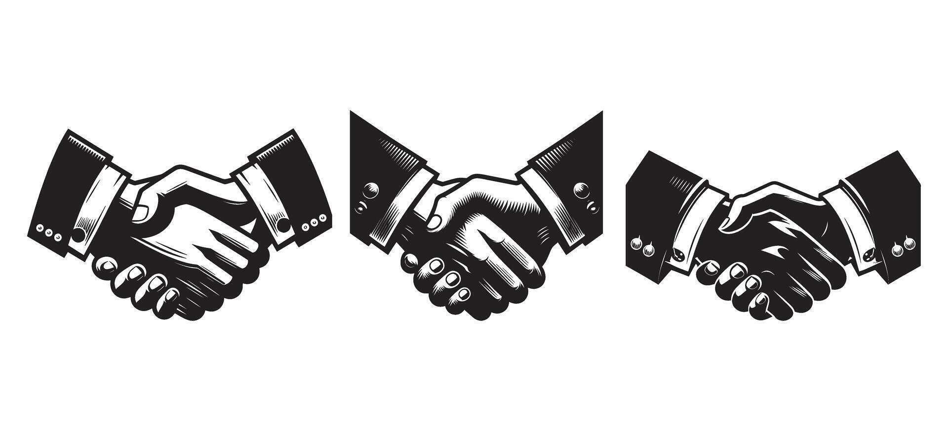 Black and white vintage style business handshake illustrations showing partnership, agreement, collaboration and teamwork symbolism vector