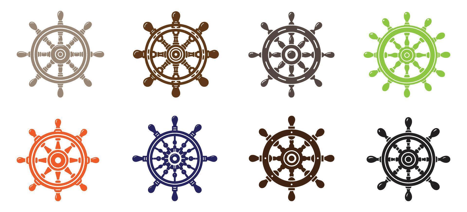 Ship Steering Wheel Helm Collection Colorful Nautical Maritime Navigation Boat Wheel Set Sailing Ocean Marine Design Elements Pack vector