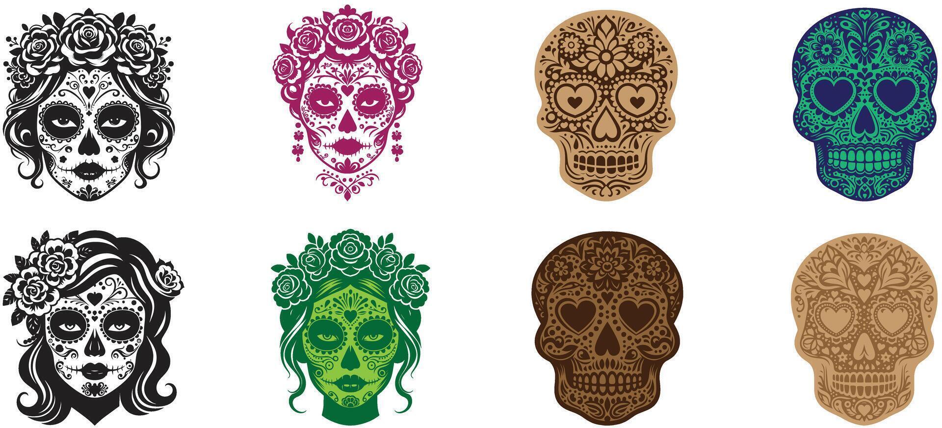 Sugar Skull Calavera Collection Day of the Dead Decorative Ornate Skull Set Dia de los Muertos Mexican Cultural Design Elements Pack vector