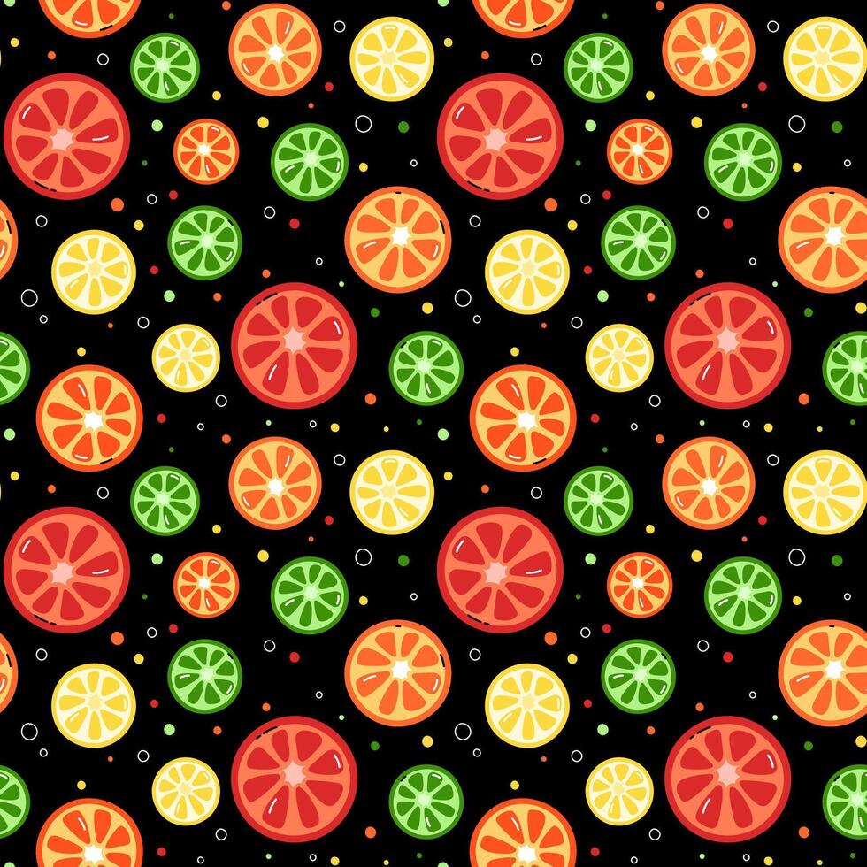 Citrus pattern. Black background with colorful slices of orange, lemon, grapefruit and lime. Repeating summer design, print with simple fruit slices. vector