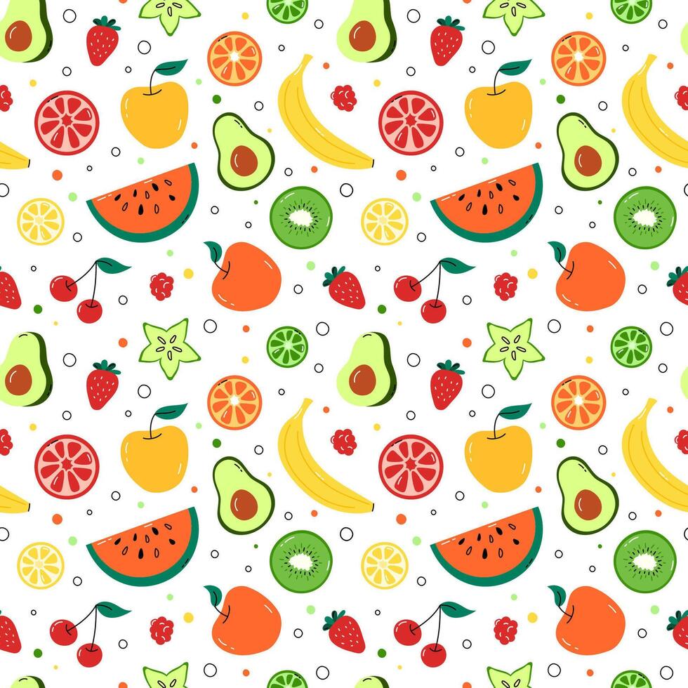 Fruit pattern. Seamless background with simple colorful fruits and berries, slices of lemon, kiwi, watermelon. Apples, strawberry, avocado and banana. Repeating summer food design, print. vector