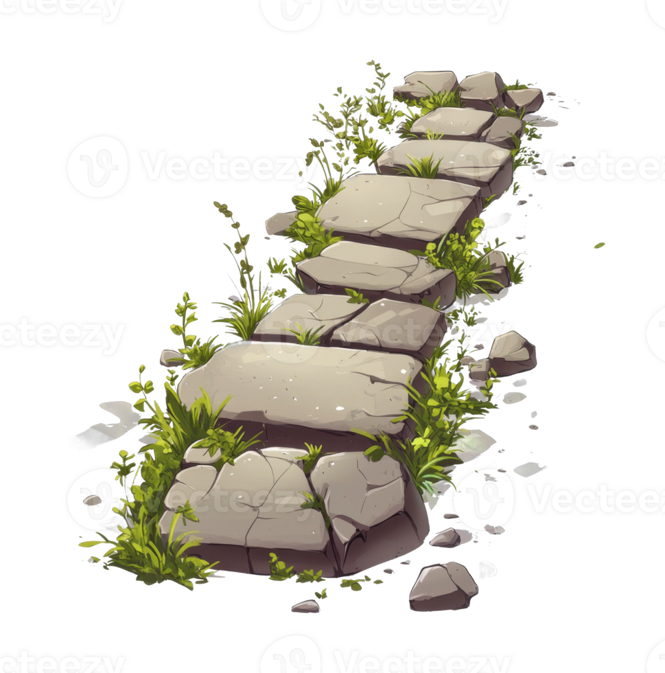 Ancient stone path with overgrown vegetation and wildflowers png