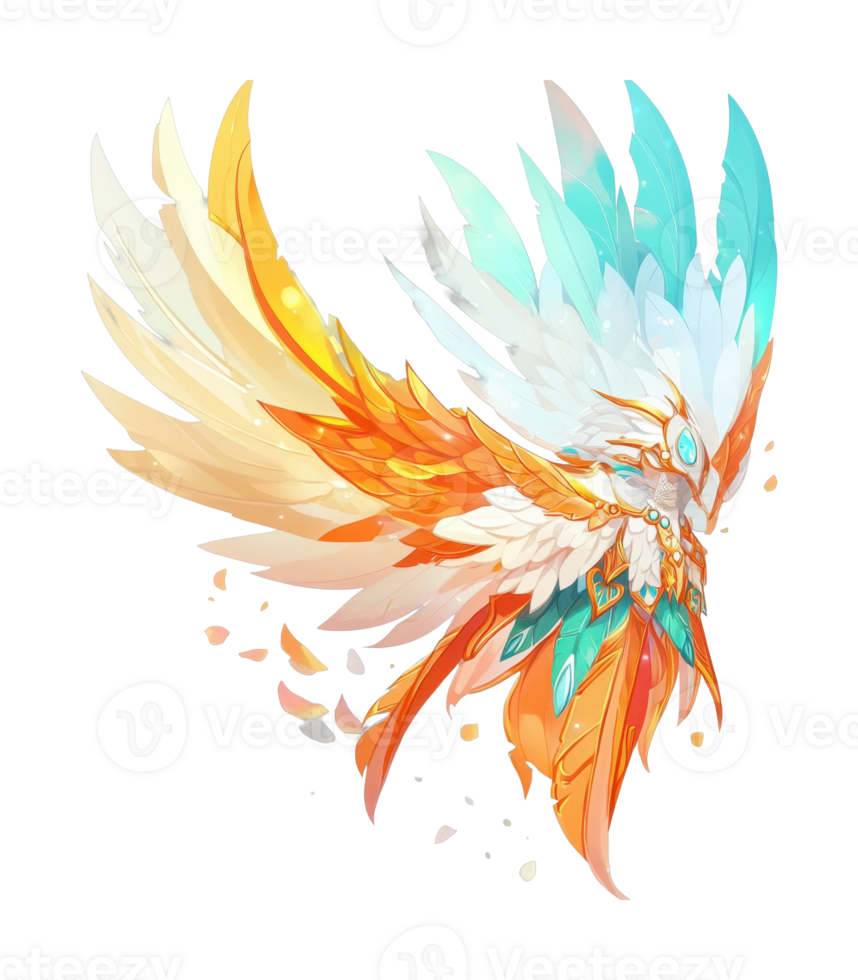 Colorful fantasy wings with intricate feather details and gem embellishments png