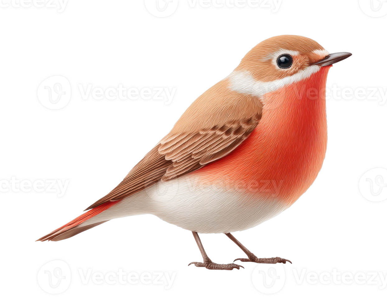 Detailed illustration of a red-breasted songbird with brown and white plumage png