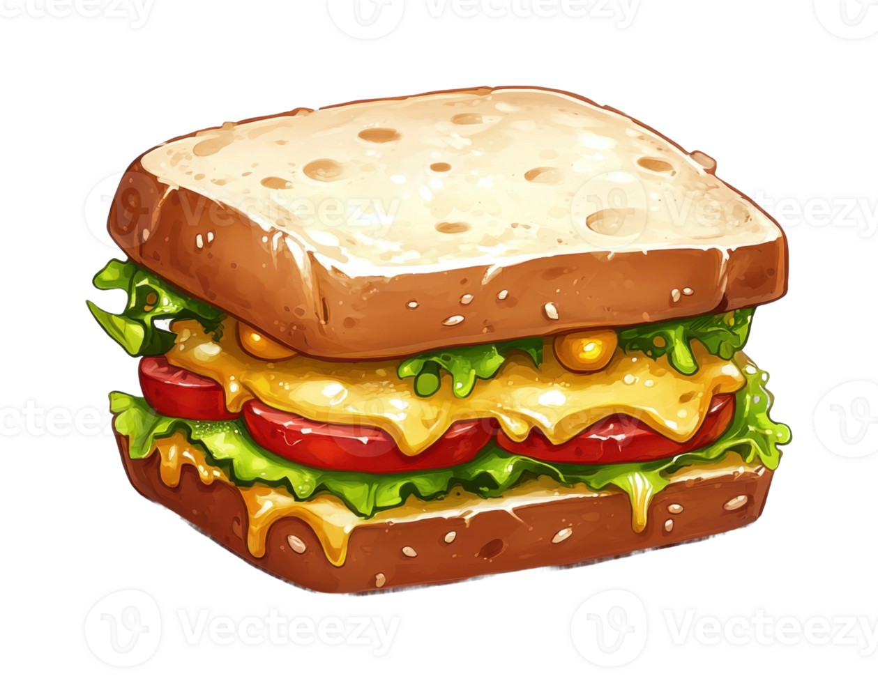Cheesy sandwich with lettuce and tomato on multigrain bread png