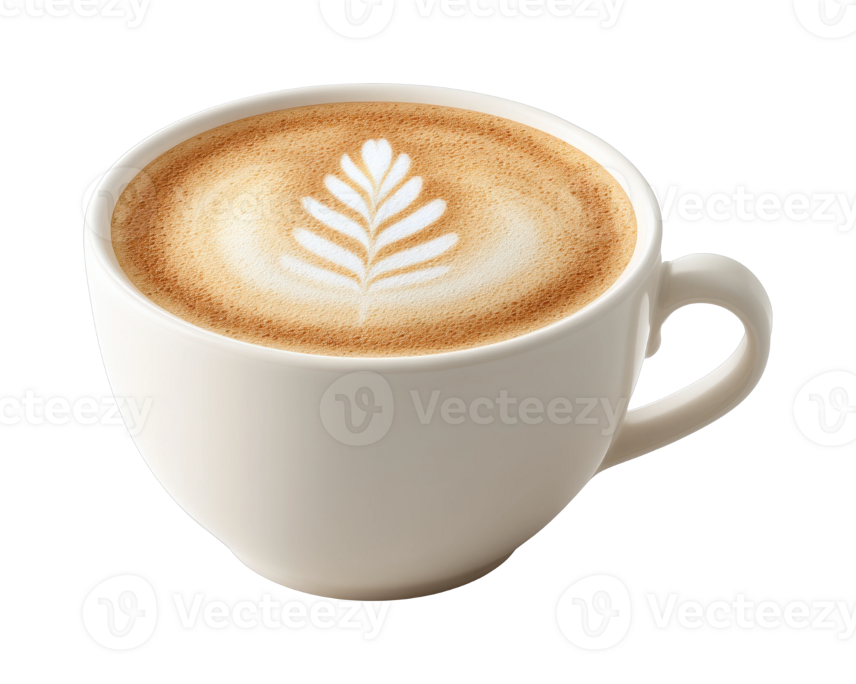 Latte art in white cup with leaf pattern on creamy coffee surface png