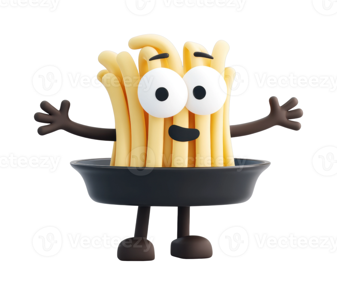 Cartoon spaghetti character with joyful expression in black bowl png