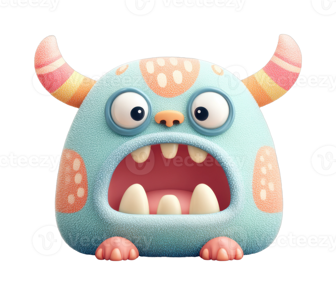 Cute cartoon monster with colorful horns and surprised expression png