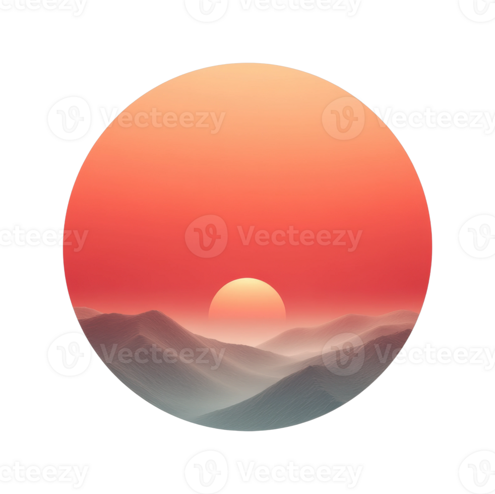 Surreal mountain landscape with rising sun in circular frame png