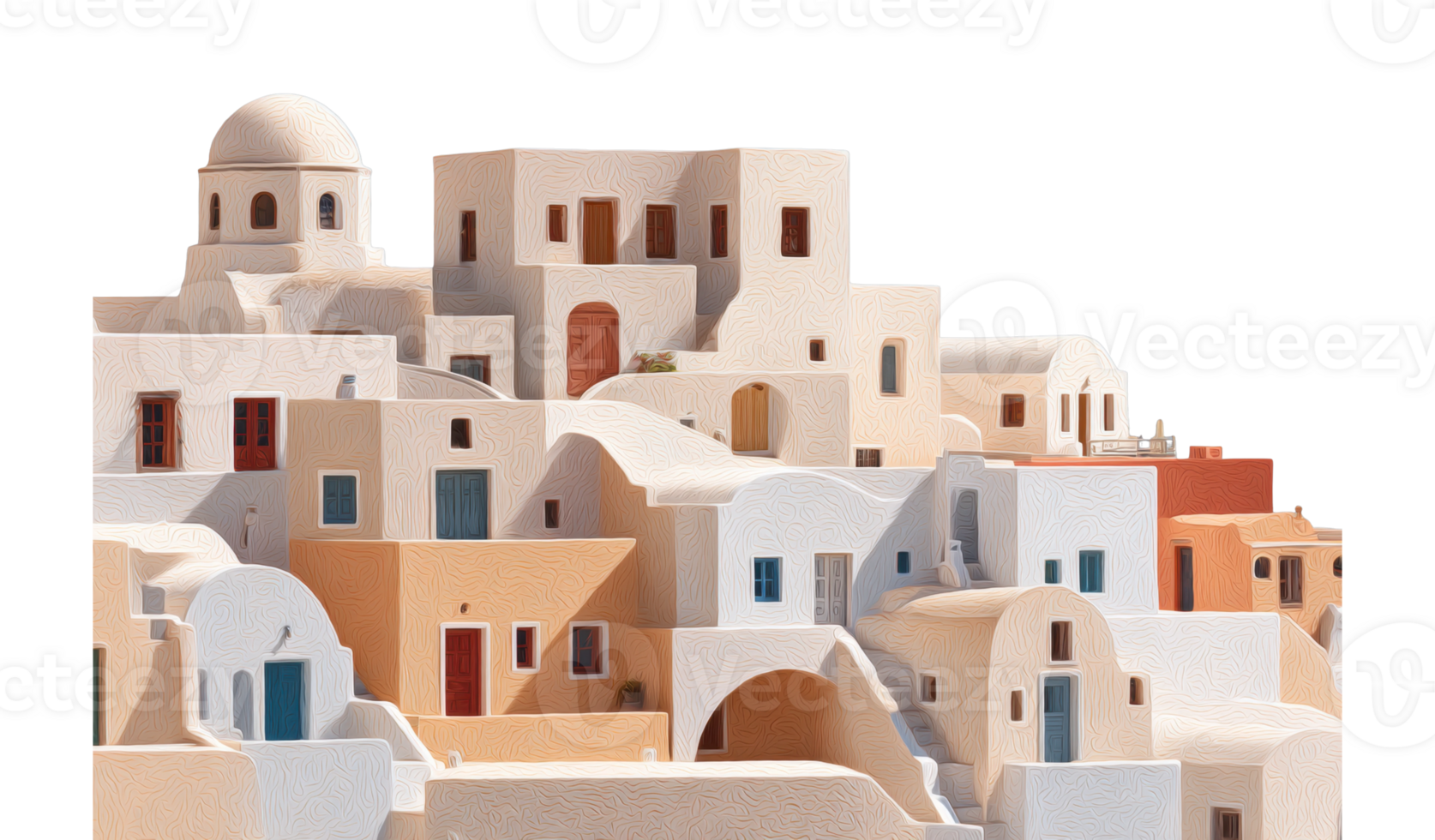 Traditional greek architecture of santorini with unique dome and vibrant doors png