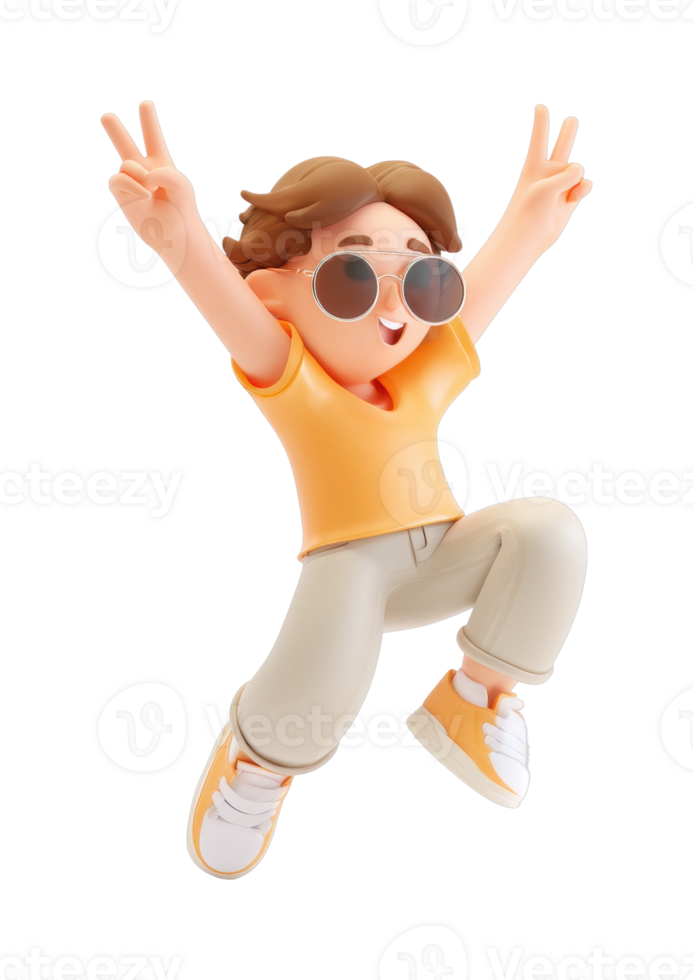 Happy young female cartoon character jumping with joy and peace sign png