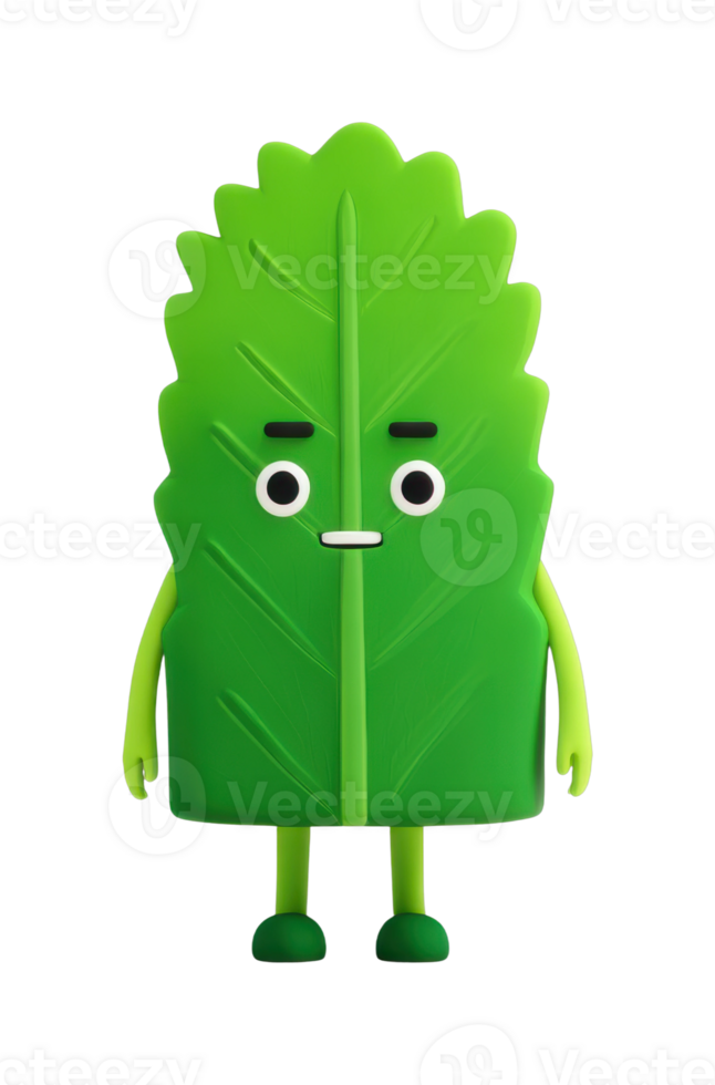 Cute animated green leaf character with expressive face png