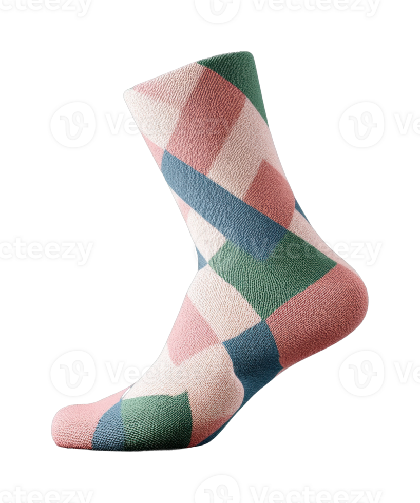 Colorful geometric patterned sock with pink, green, and blue design png