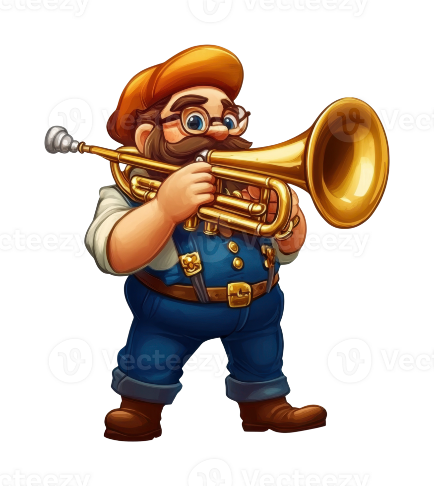 Male cartoon character with trumpet and beret playing music enthusiastically png