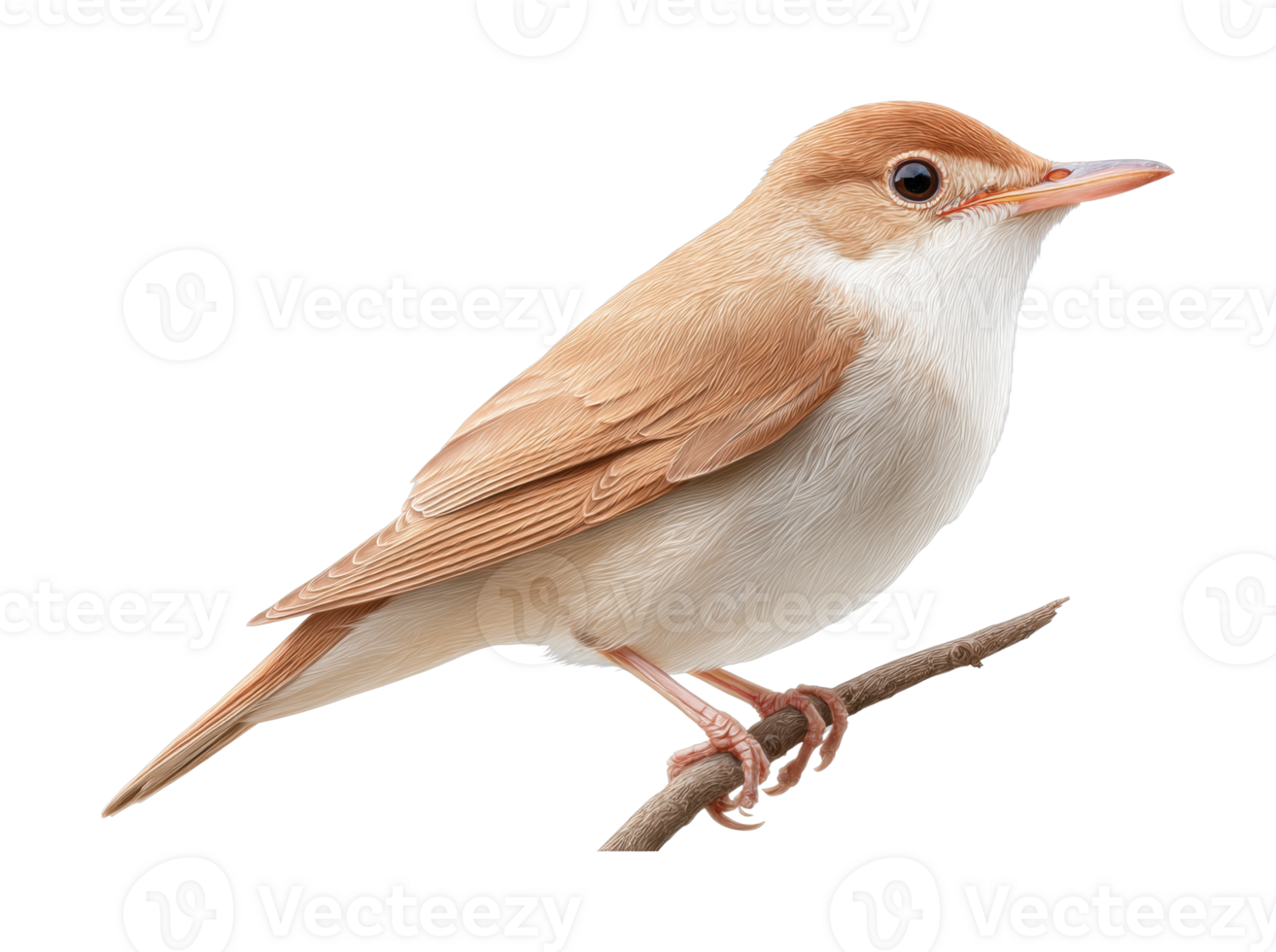 Detailed illustration of a nightingale perched on a branch with natural plumage display png