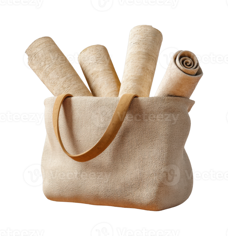 Burlap bag with rolled vintage papers png