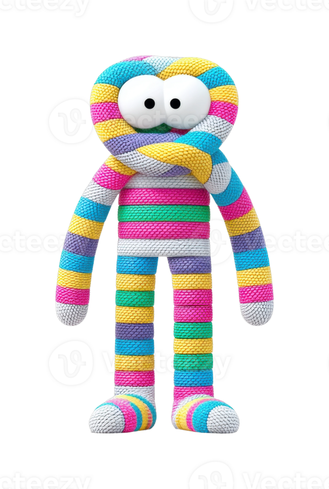 Colorful striped yarn character with large eyes in a full-body view png