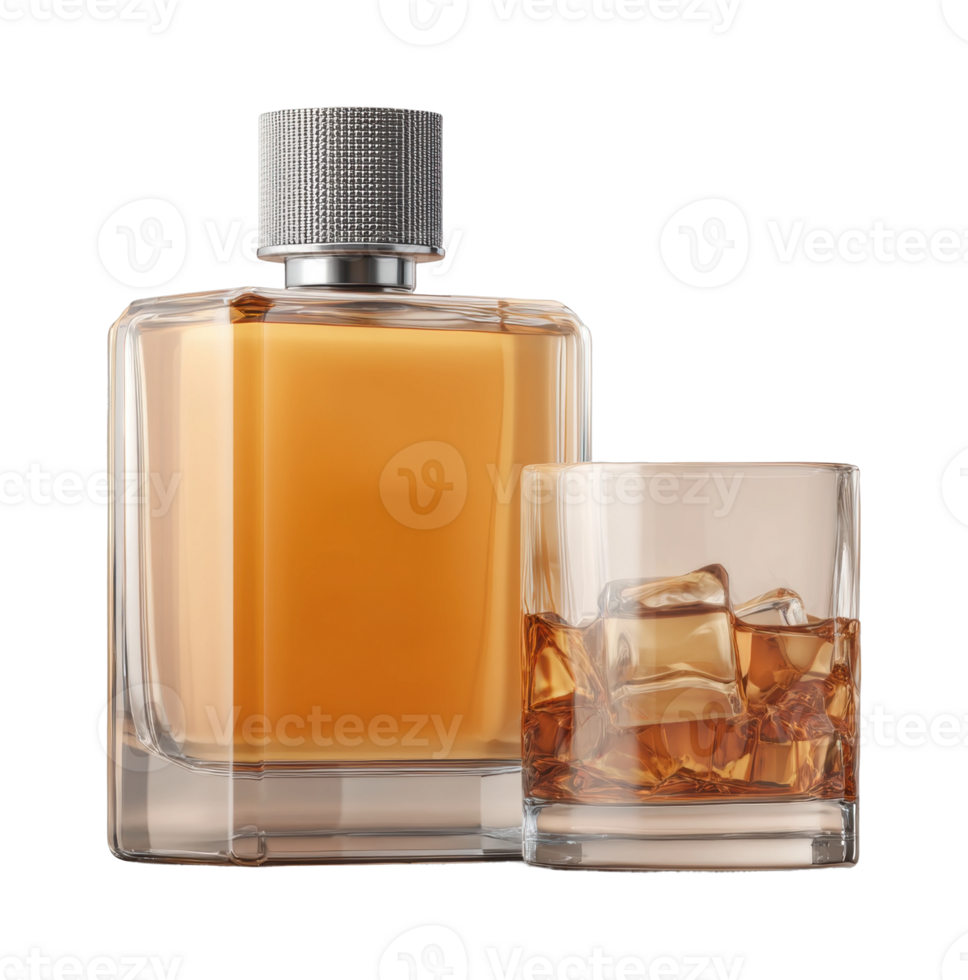 Elegant whiskey bottle and glass with ice png